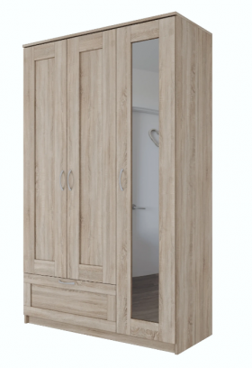 Шкаф трехдверный Сириус с зеркалом и 1 ящиком дуб сонома в Рубцовске - rubcovsk.katalogmebeli.com | фото